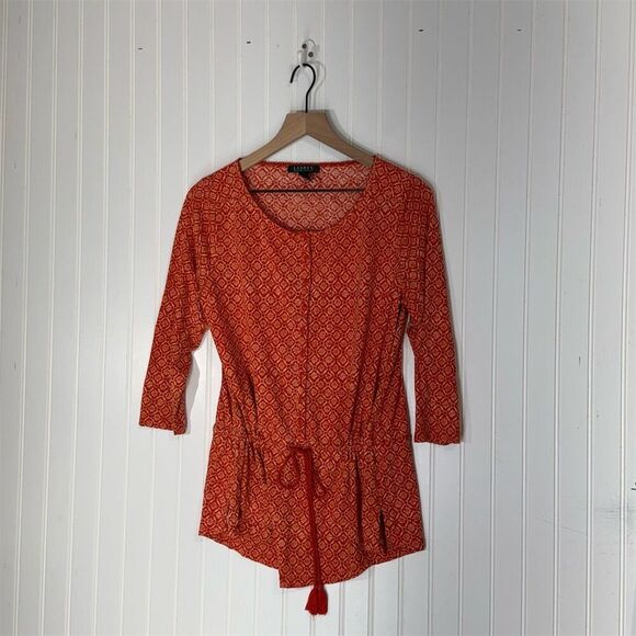 Lauren Ralph Lauren Orange Red Boho Tunic Top Belted 3/4 Sleeve Cottagecore L - Picture 1 of 6